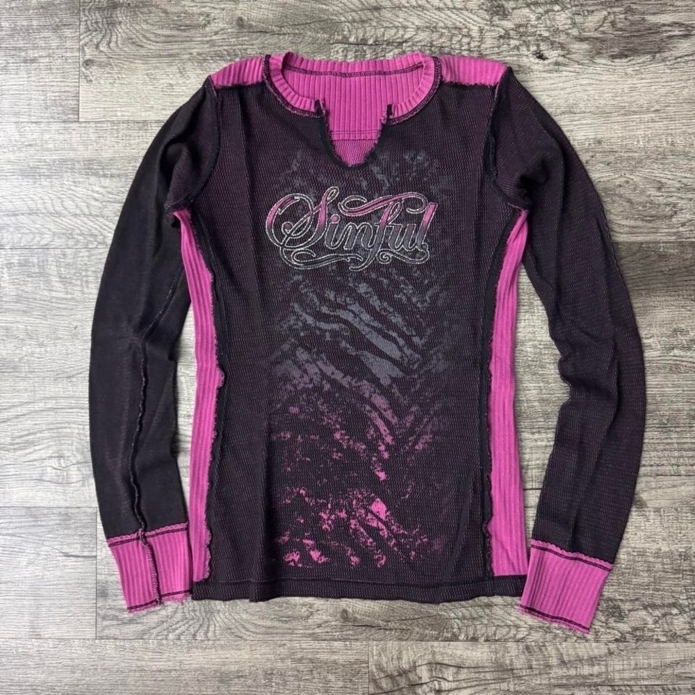 Sinful Affliction Wings Reversible Thermal Long Sleeve Top Shirt Y2K Grunge M